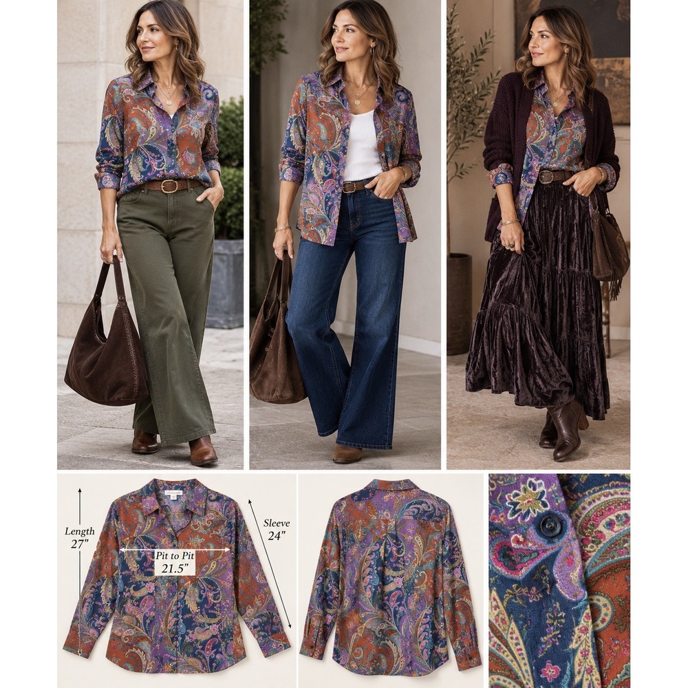 Artsy Paisley Patchwork Button Down Shirt XL 18 Boho Eclectic Cotton Blouse NWT